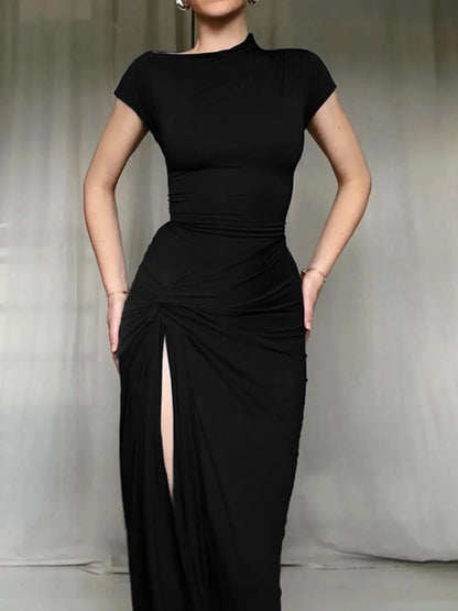 Ruched Slit Cap Sleeve Maxi Dress - VILLA FASHION