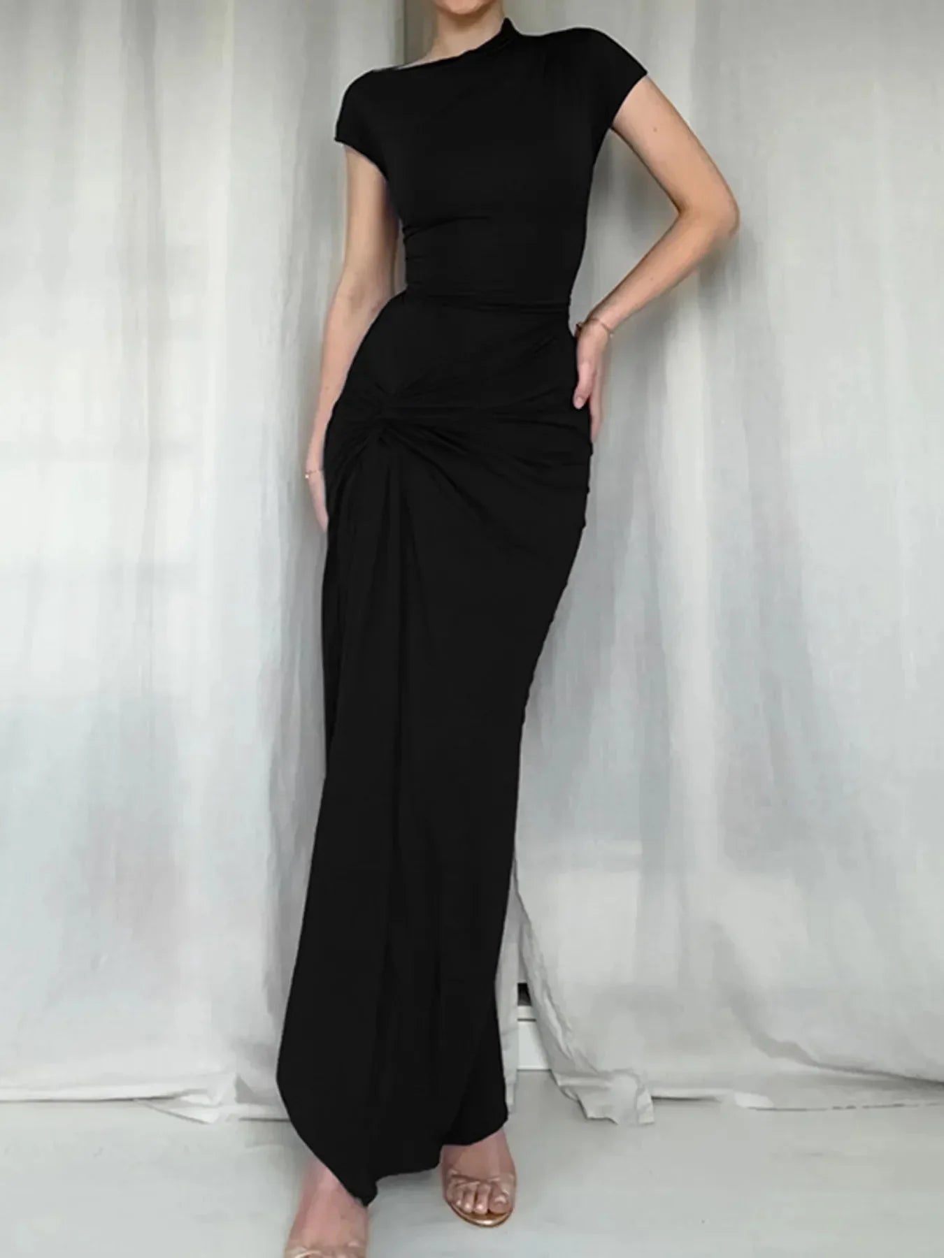 Ruched Slit Cap Sleeve Maxi Dress - VILLA FASHION