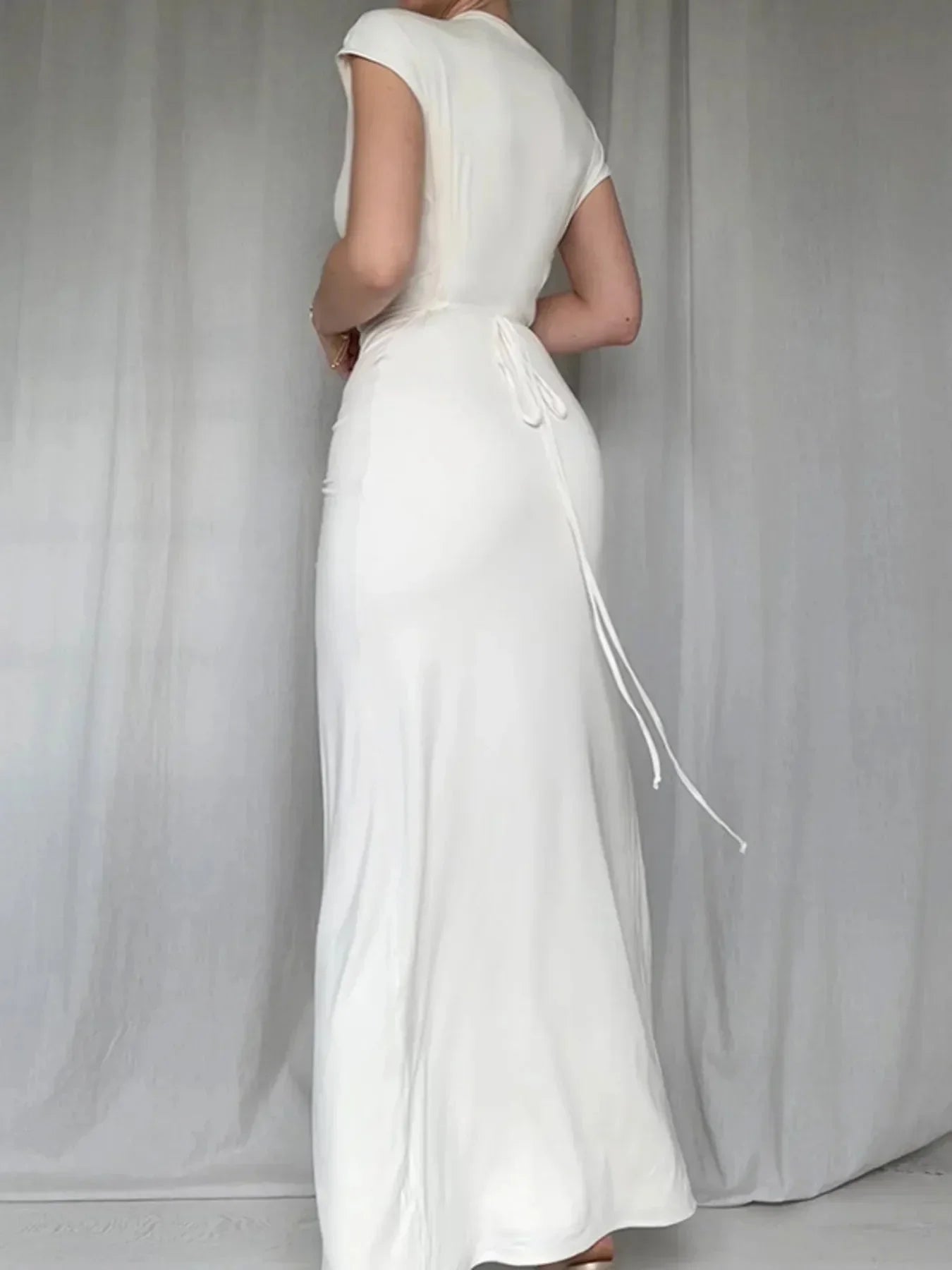 Ruched Slit Cap Sleeve Maxi Dress - VILLA FASHION