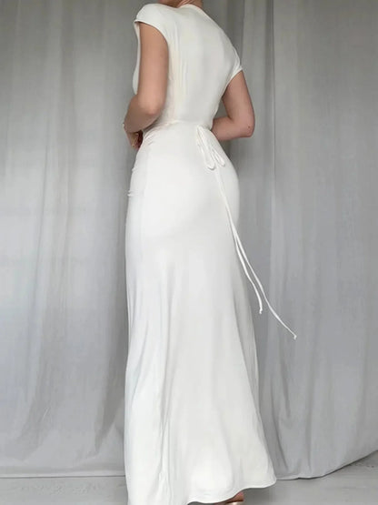 Ruched Slit Cap Sleeve Maxi Dress - VILLA FASHION