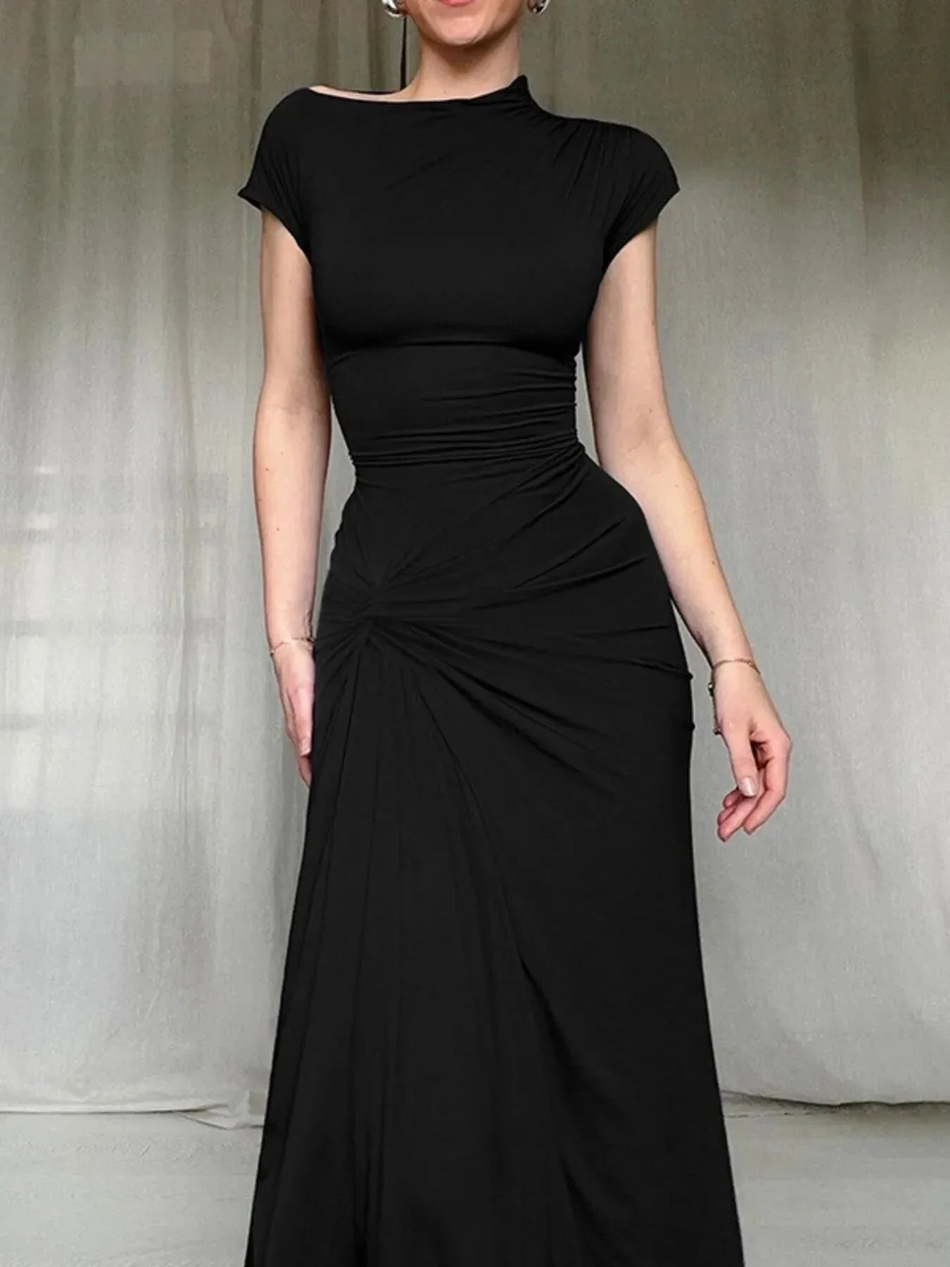 Ruched Slit Cap Sleeve Maxi Dress - VILLA FASHION