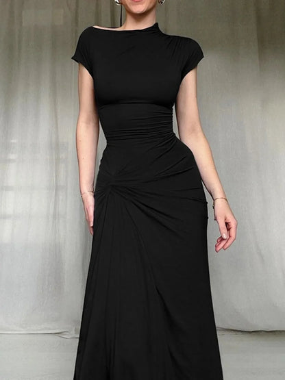 Ruched Slit Cap Sleeve Maxi Dress - VILLA FASHION