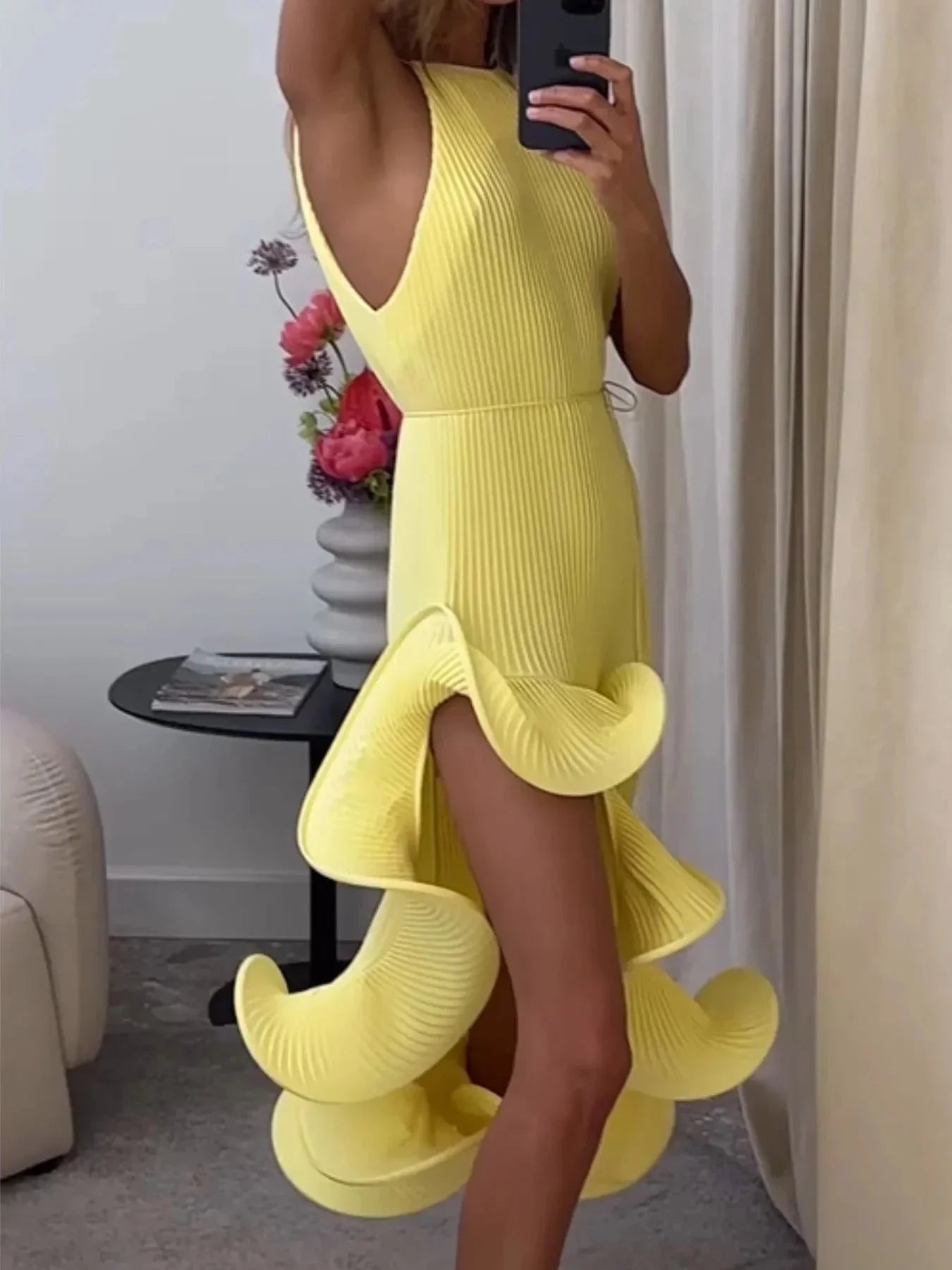 Ruffle Hem Ribbed Sleeveless Dress - VILLA FASHION