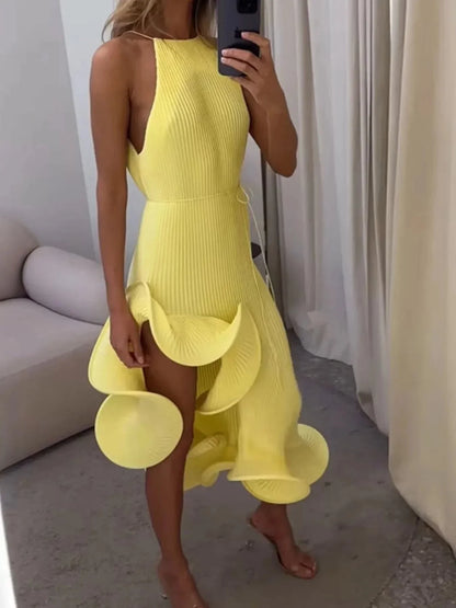 Ruffle Hem Ribbed Sleeveless Dress - VILLA FASHION