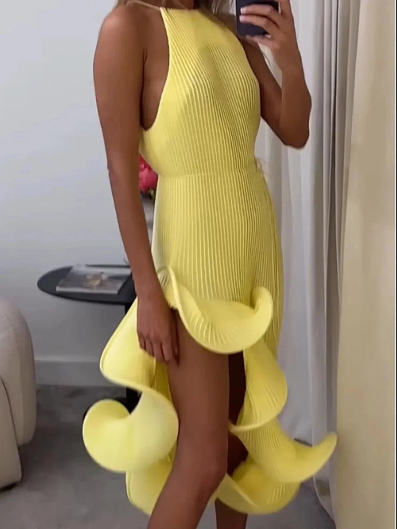 Ruffle Hem Ribbed Sleeveless Dress - VILLA FASHION