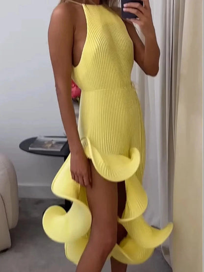 Ruffle Hem Ribbed Sleeveless Dress - VILLA FASHION