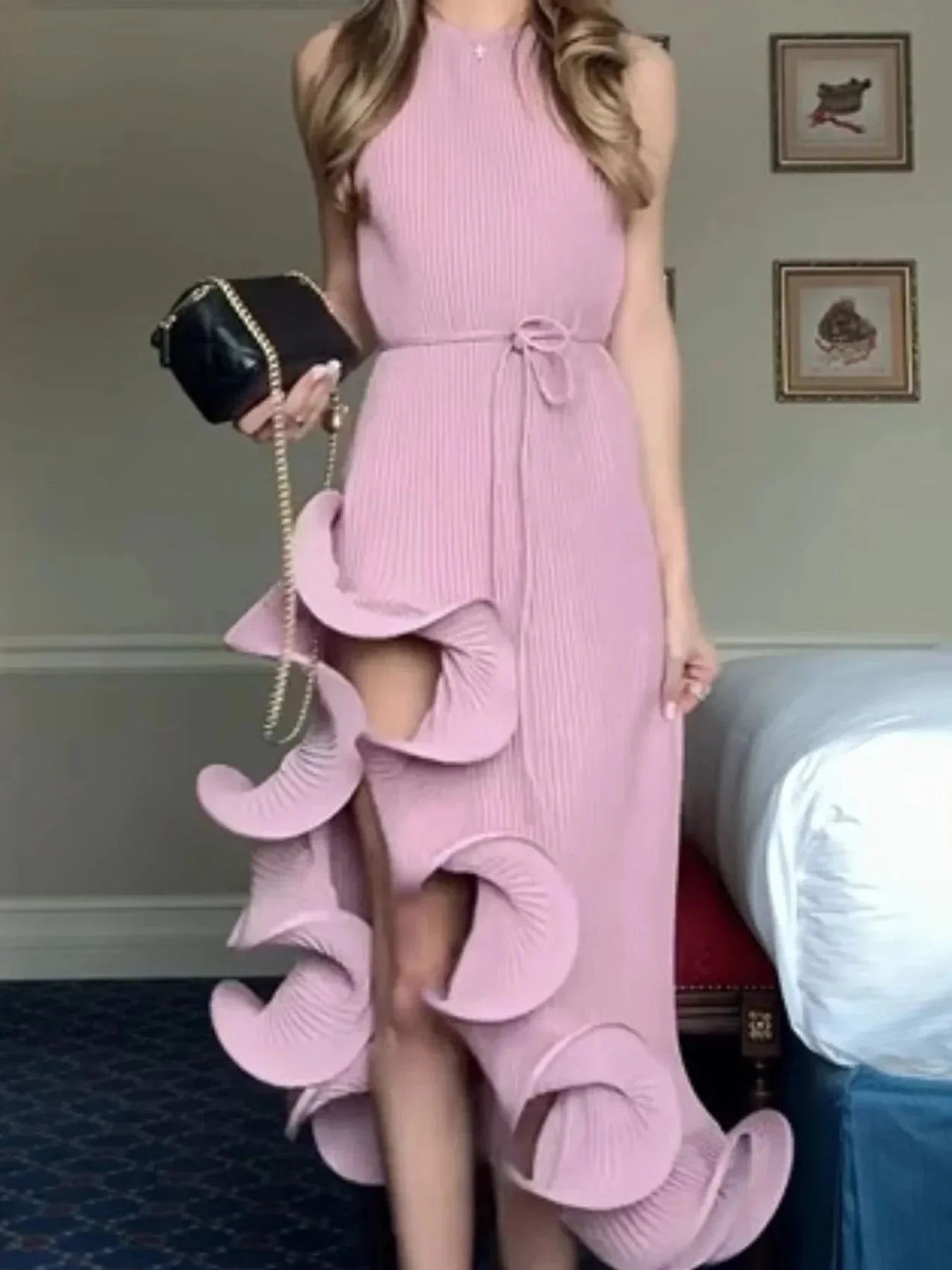 Ruffle Hem Ribbed Sleeveless Dress - VILLA FASHION