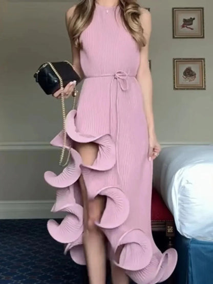 Ruffle Hem Ribbed Sleeveless Dress - VILLA FASHION