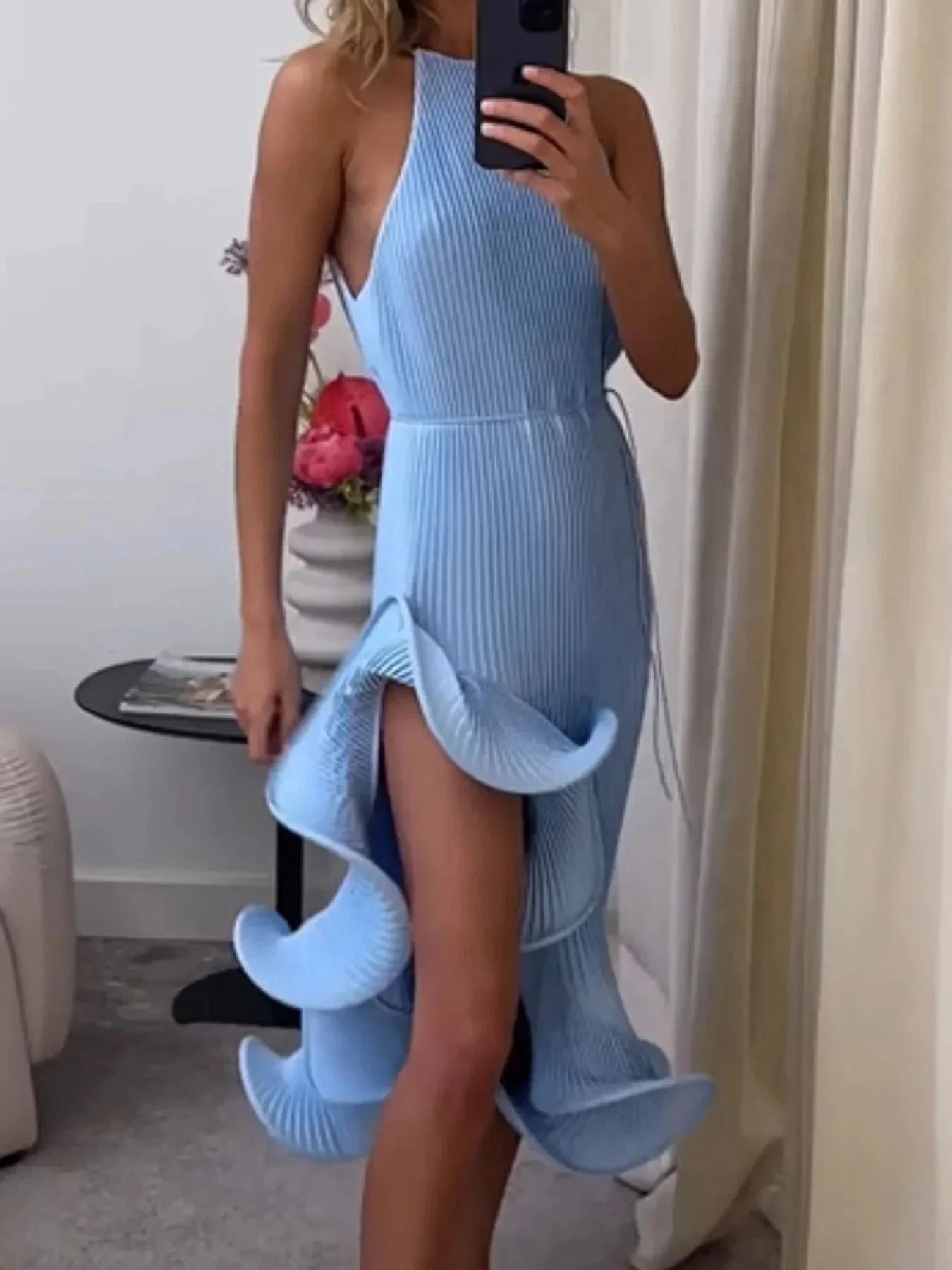 Ruffle Hem Ribbed Sleeveless Dress - VILLA FASHION