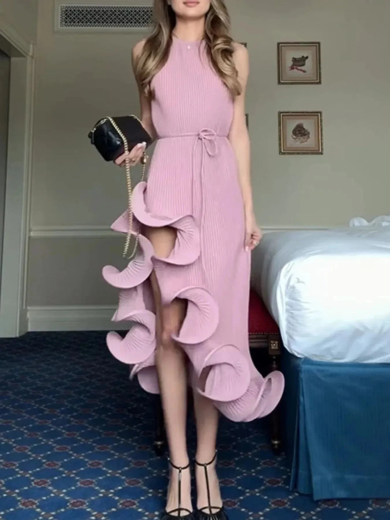 Ruffle Hem Ribbed Sleeveless Dress - VILLA FASHION