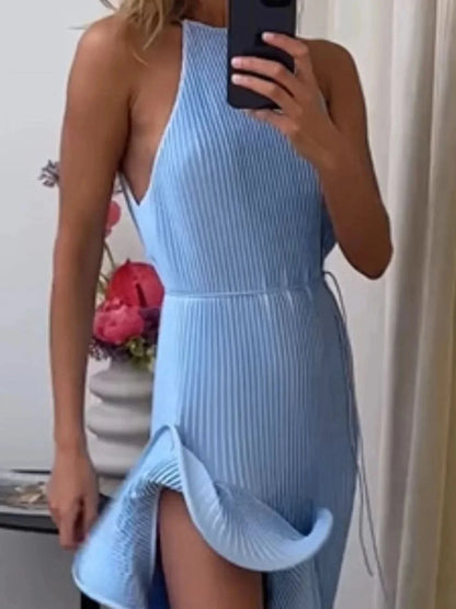 Ruffle Hem Ribbed Sleeveless Dress - VILLA FASHION