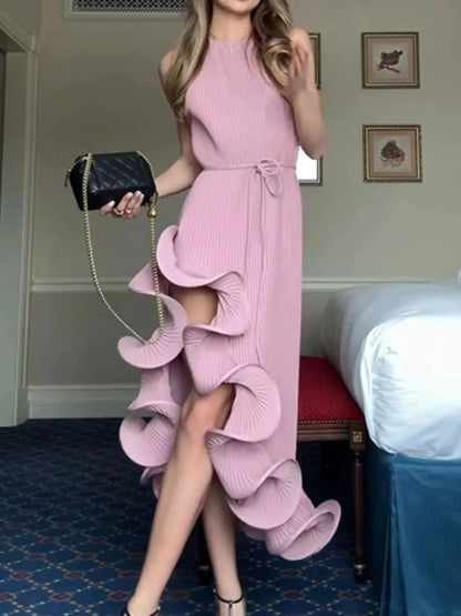 Ruffle Hem Ribbed Sleeveless Dress - VILLA FASHION