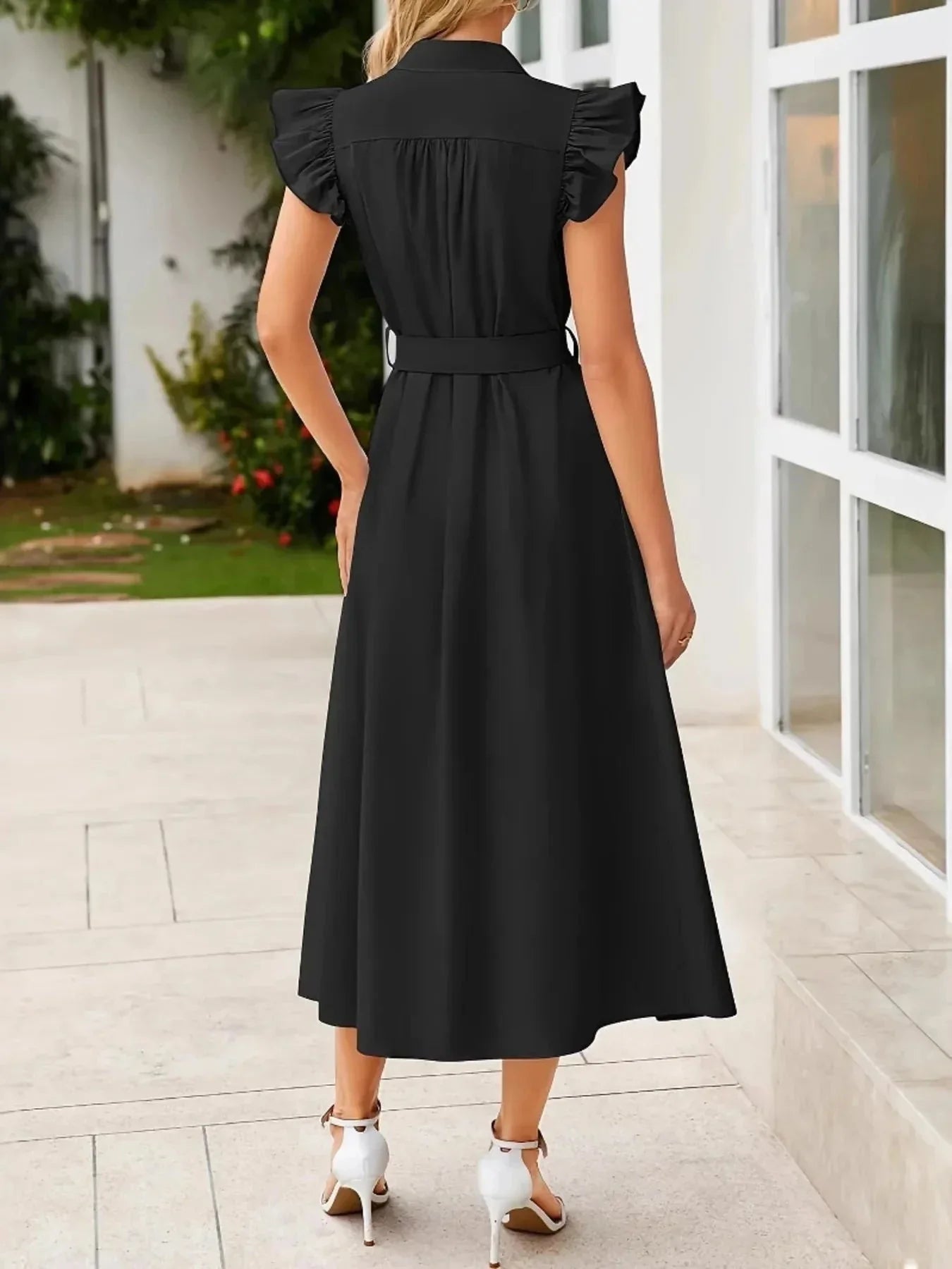 Ruffled Button - Front Midi Dress - VILLA FASHION