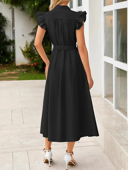 Ruffled Button - Front Midi Dress - VILLA FASHION
