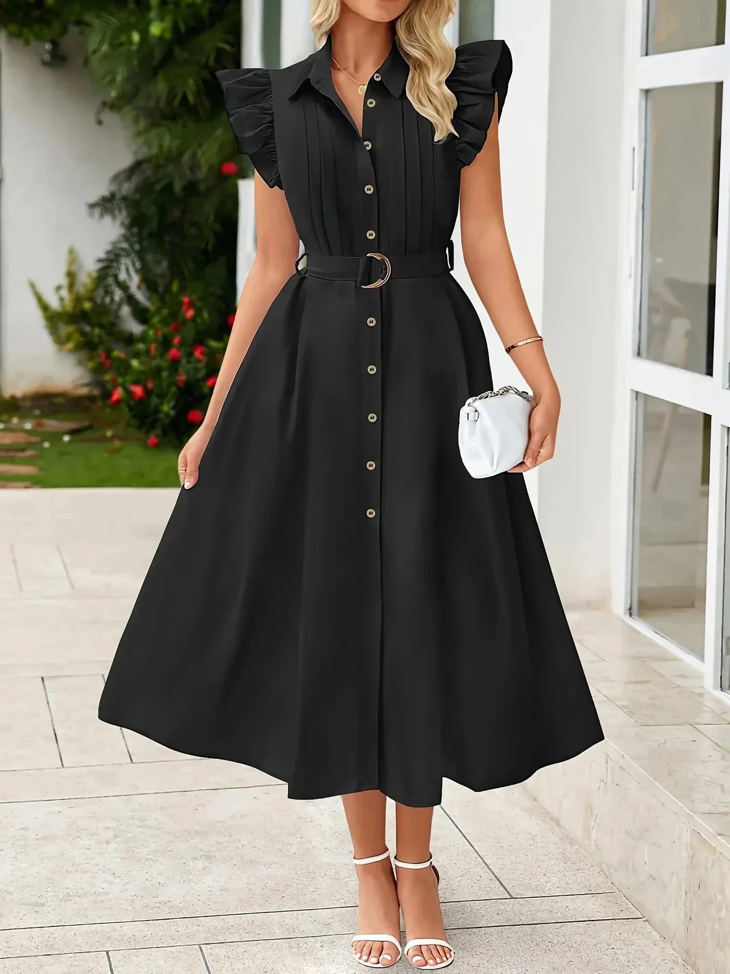 Ruffled Button - Front Midi Dress - VILLA FASHION