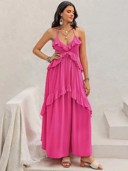 Ruffled Halter Neck Maxi Dress - VILLA FASHION
