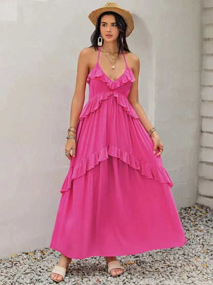 Ruffled Halter Neck Maxi Dress - VILLA FASHION