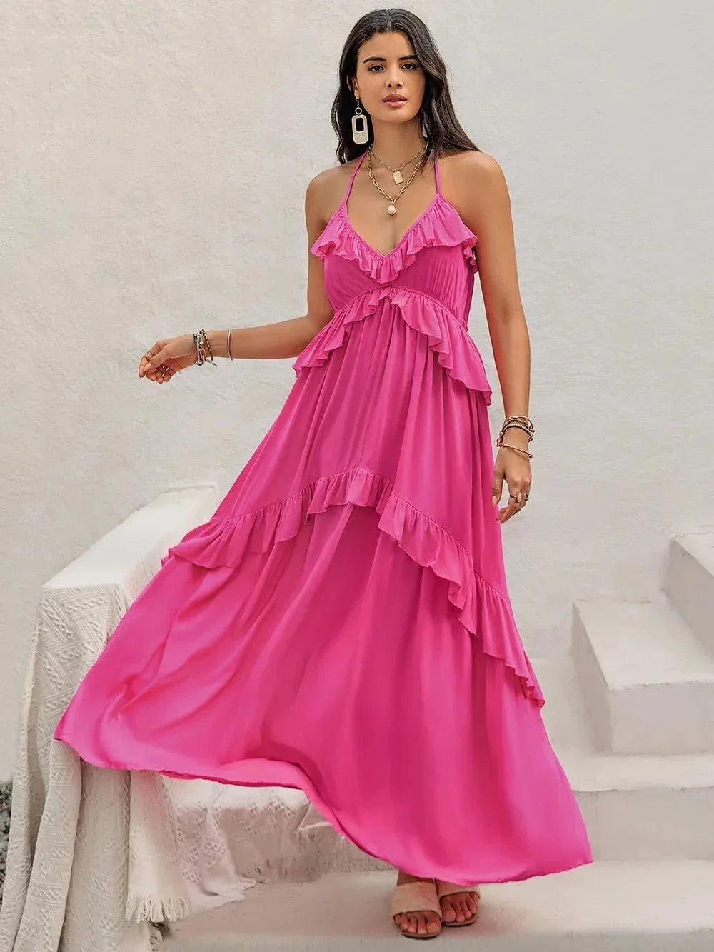 Ruffled Halter Neck Maxi Dress - VILLA FASHION