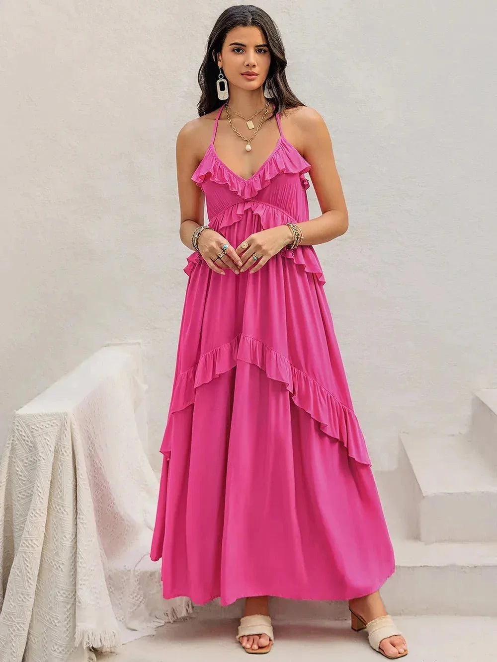 Ruffled Halter Neck Maxi Dress - VILLA FASHION