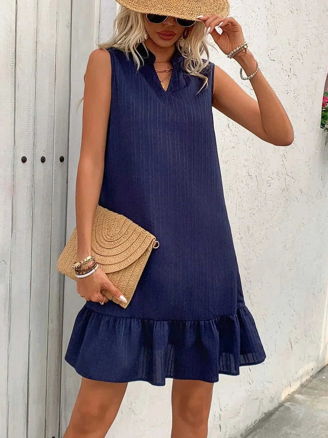 Ruffled Hem Notched Sleeveless Dress - VILLA FASHION