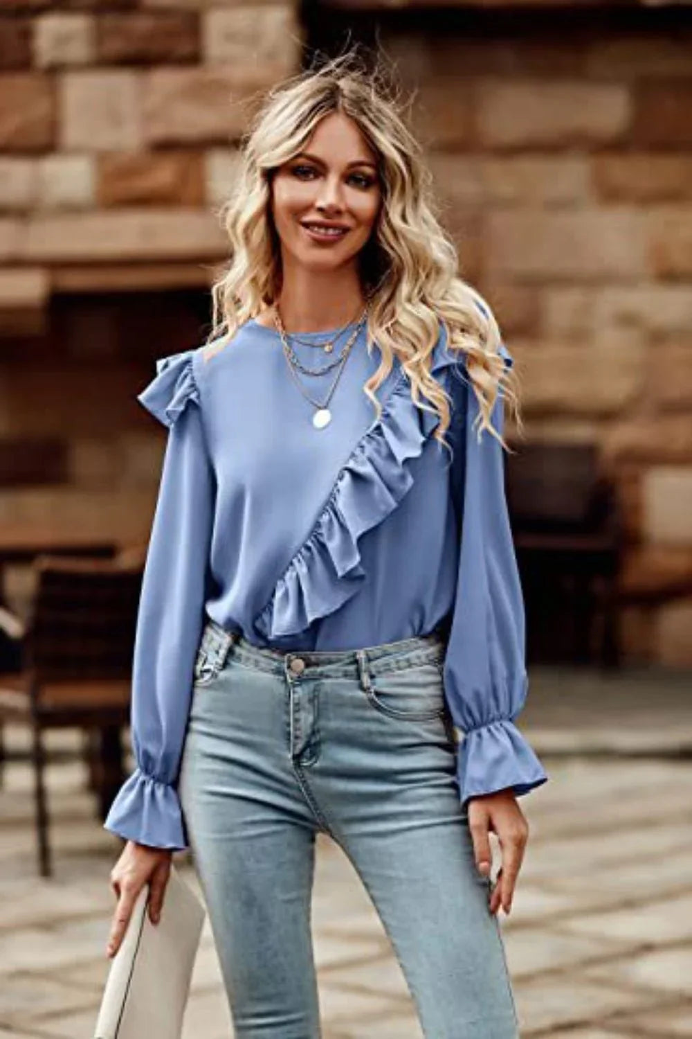 Ruffled Round Neck Long Sleeve Top - VILLA FASHION