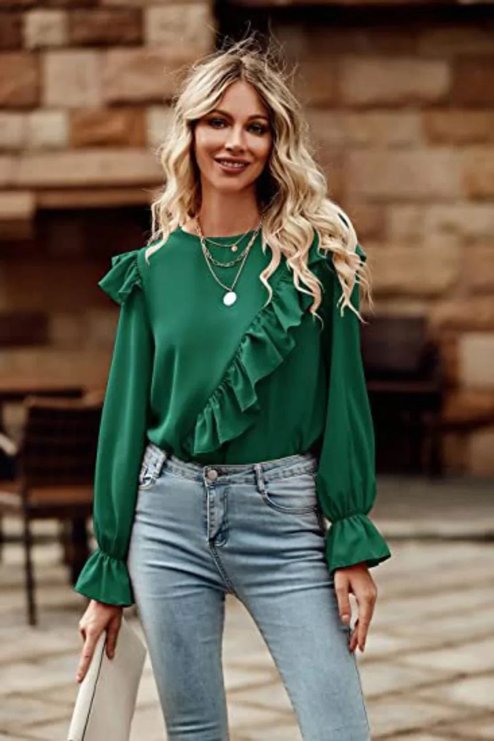 Ruffled Round Neck Long Sleeve Top - VILLA FASHION