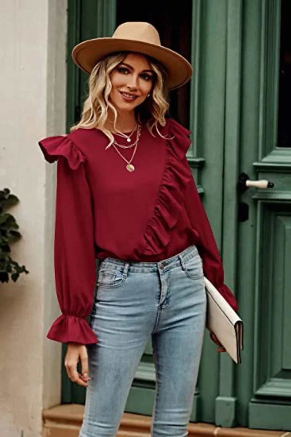 Ruffled Round Neck Long Sleeve Top - VILLA FASHION
