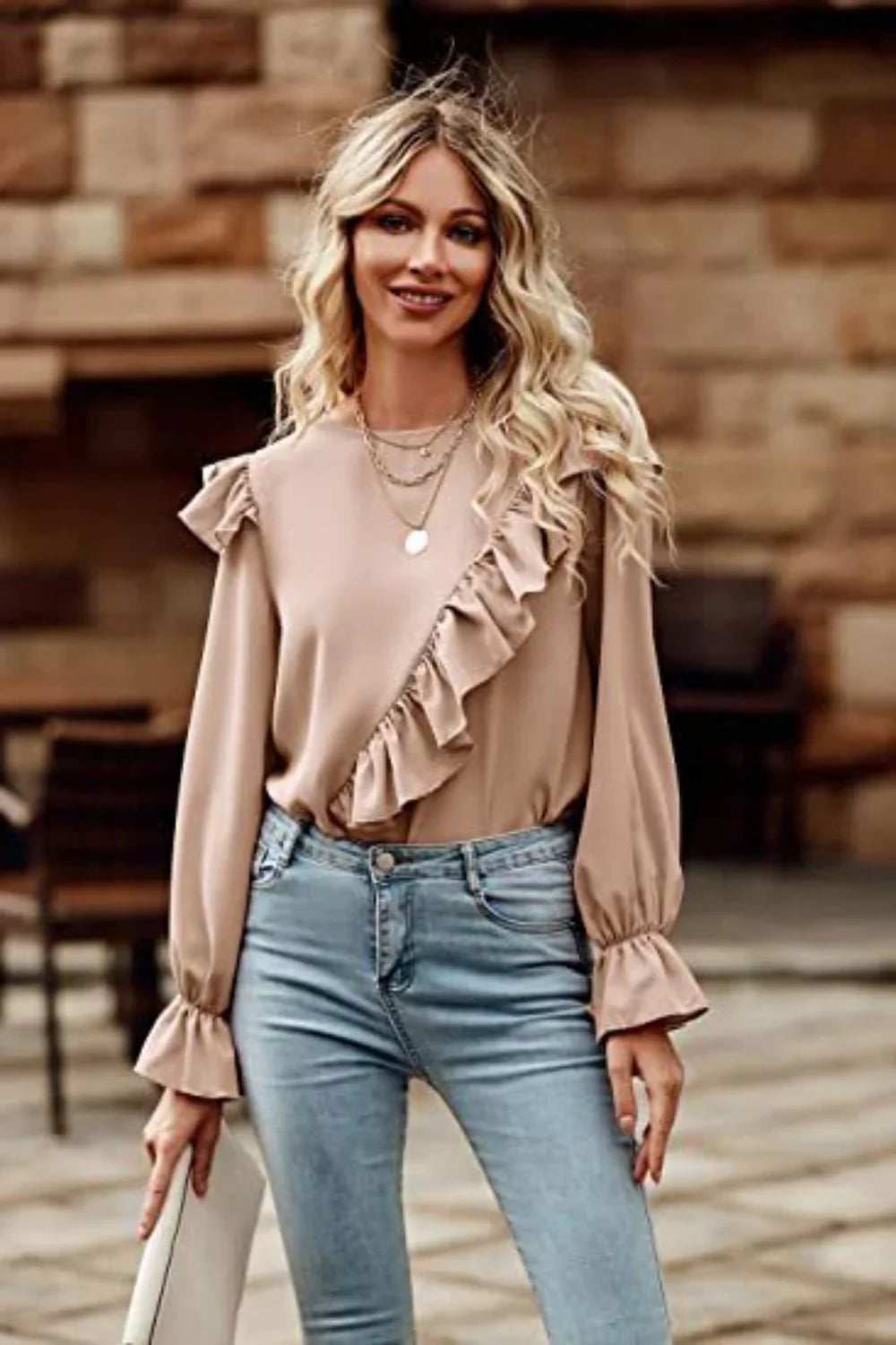 Ruffled Round Neck Long Sleeve Top - VILLA FASHION
