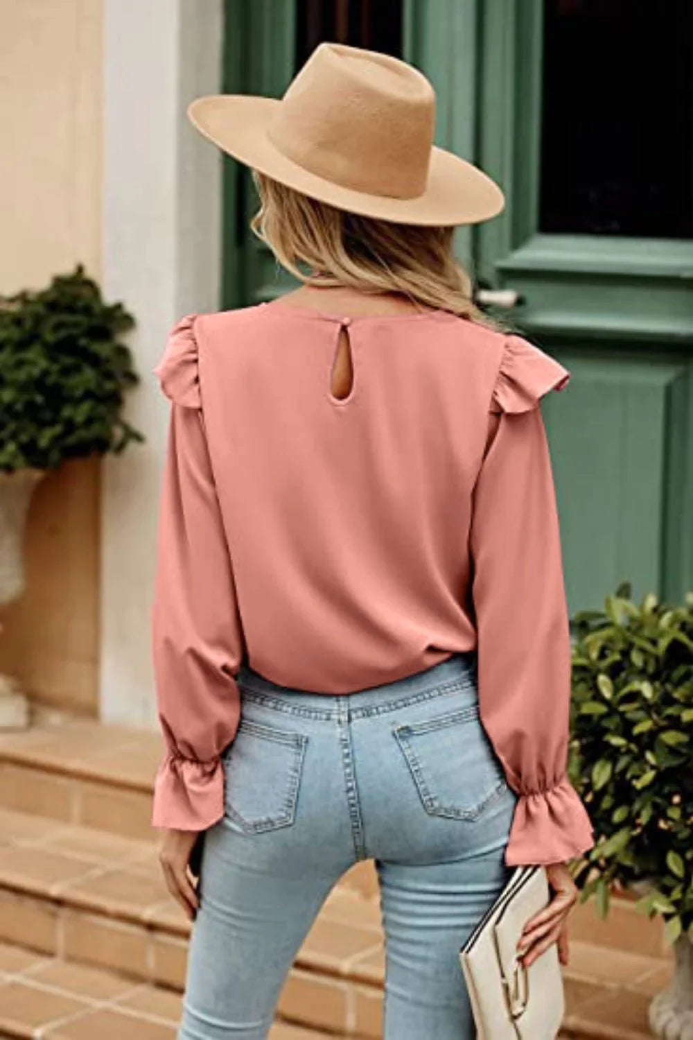 Ruffled Round Neck Long Sleeve Top - VILLA FASHION