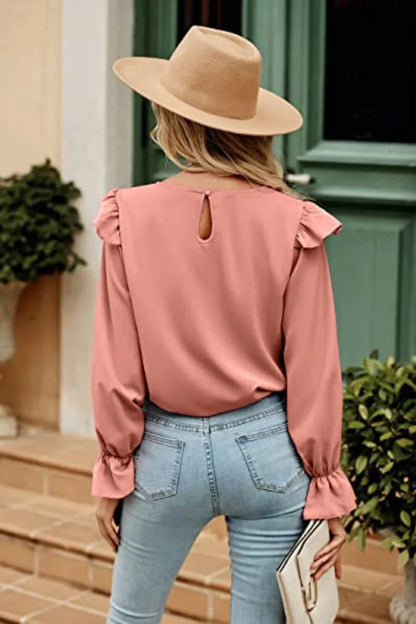 Ruffled Round Neck Long Sleeve Top - VILLA FASHION