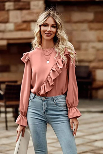 Ruffled Round Neck Long Sleeve Top - VILLA FASHION