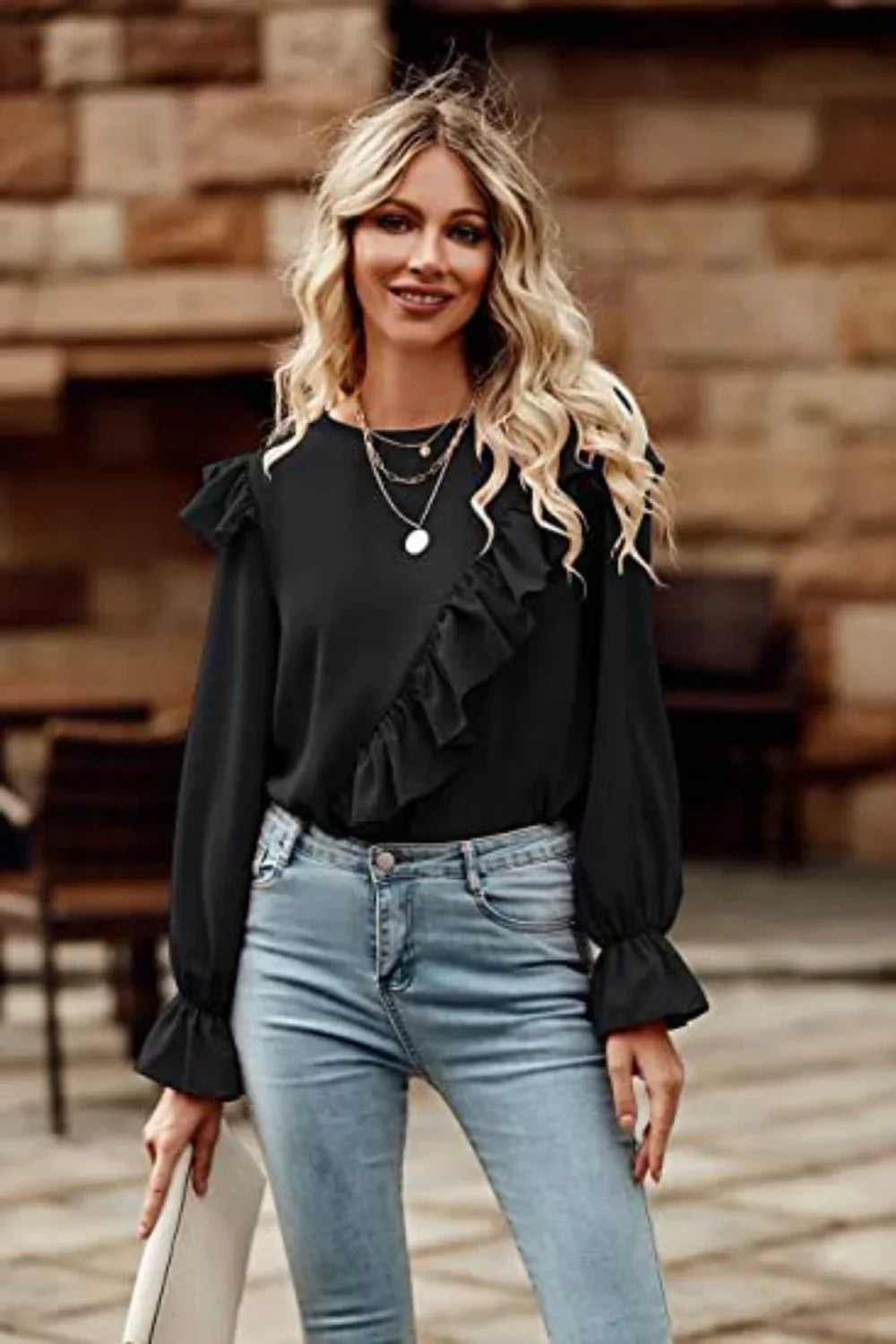 Ruffled Round Neck Long Sleeve Top - VILLA FASHION