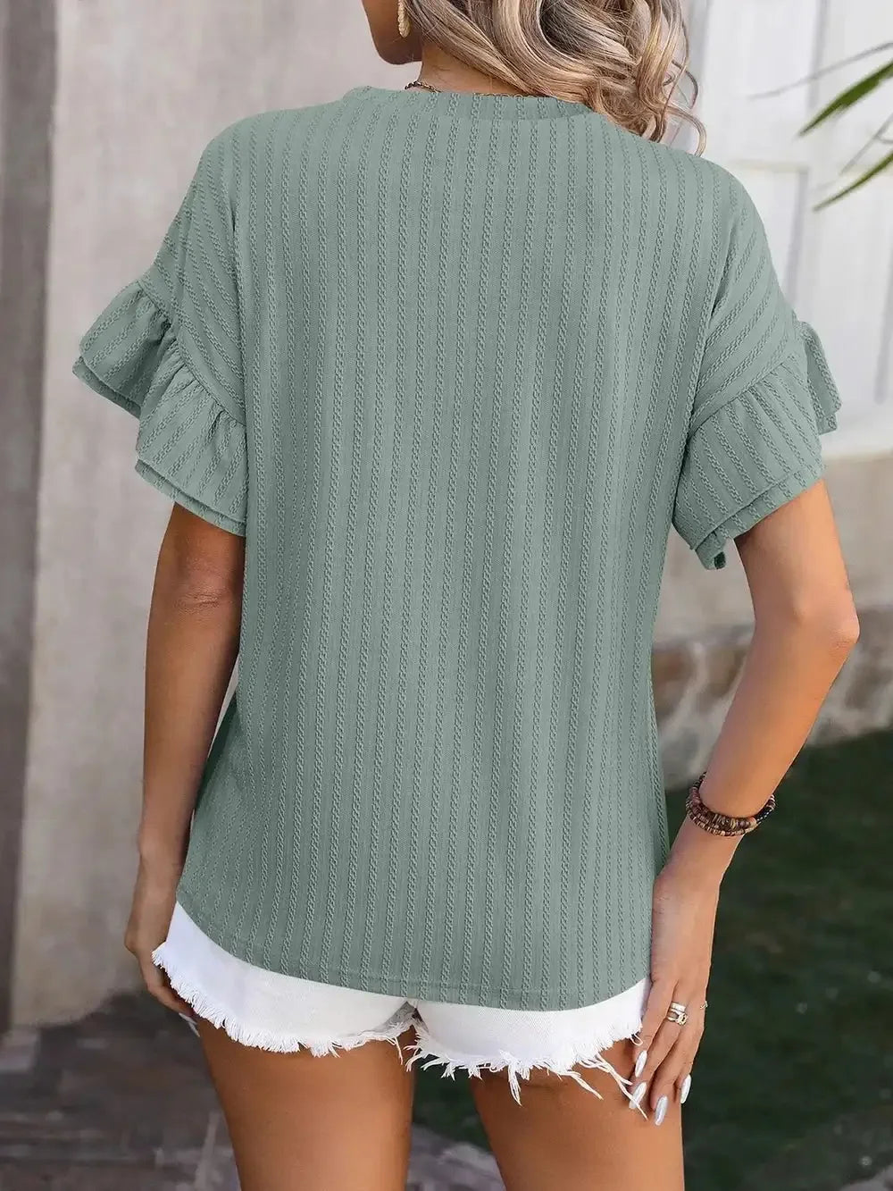 Ruffled Round Neck Short Sleeve Top - VILLA FASHION