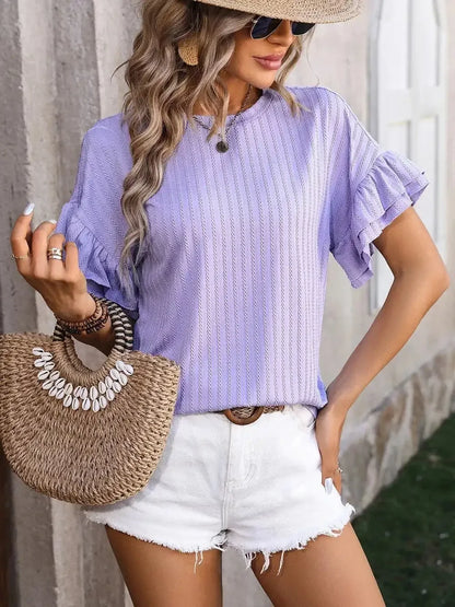 Ruffled Round Neck Short Sleeve Top - VILLA FASHION