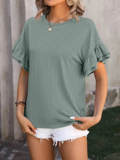 Ruffled Round Neck Short Sleeve Top - VILLA FASHION