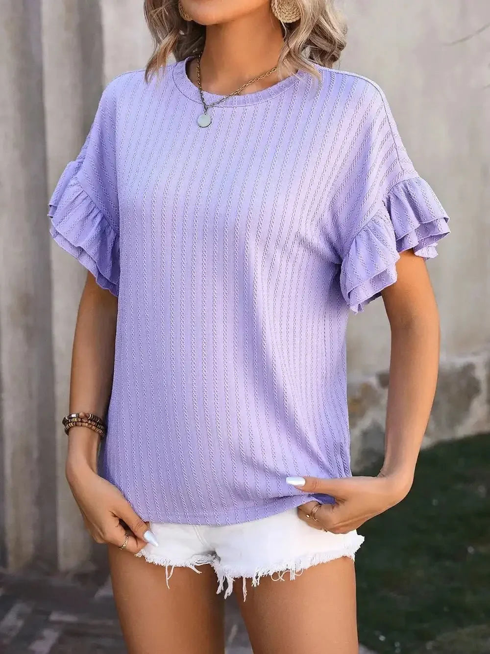 Ruffled Round Neck Short Sleeve Top - VILLA FASHION