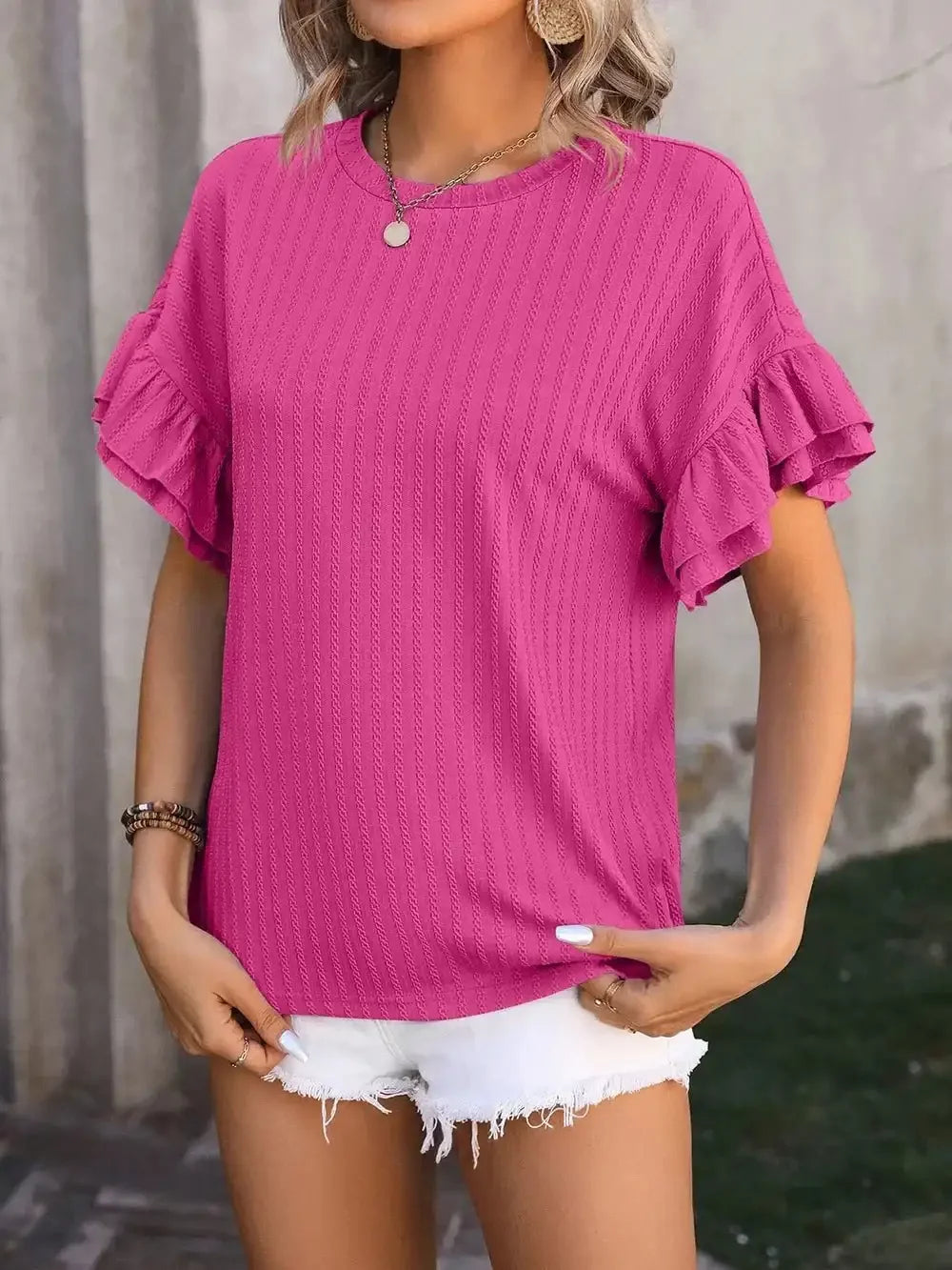 Ruffled Round Neck Short Sleeve Top - VILLA FASHION