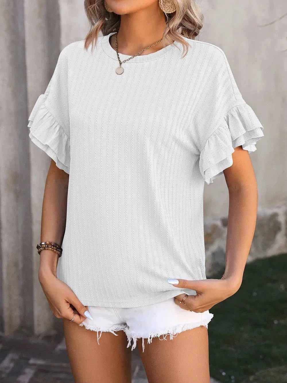 Ruffled Round Neck Short Sleeve Top - VILLA FASHION