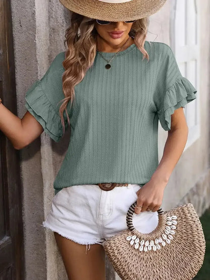 Ruffled Round Neck Short Sleeve Top - VILLA FASHION