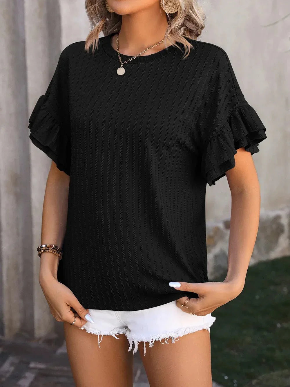 Ruffled Round Neck Short Sleeve Top - VILLA FASHION