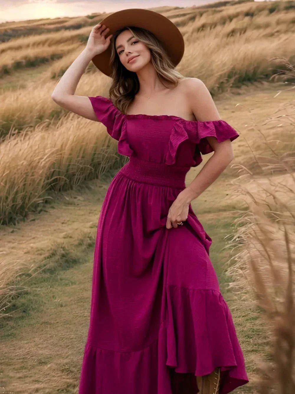 Ruffled Smocked Square Neck Maxi Dress - VILLA FASHION