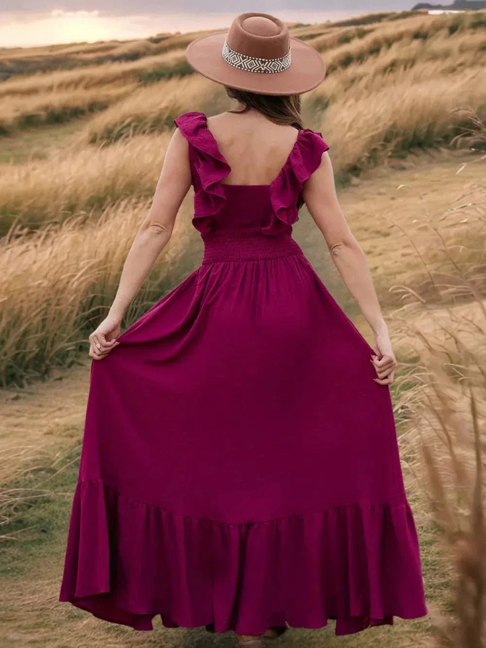 Ruffled Smocked Square Neck Maxi Dress - VILLA FASHION