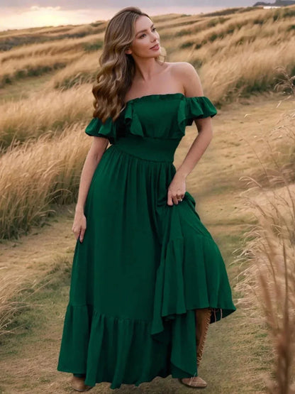 Ruffled Smocked Square Neck Maxi Dress - VILLA FASHION