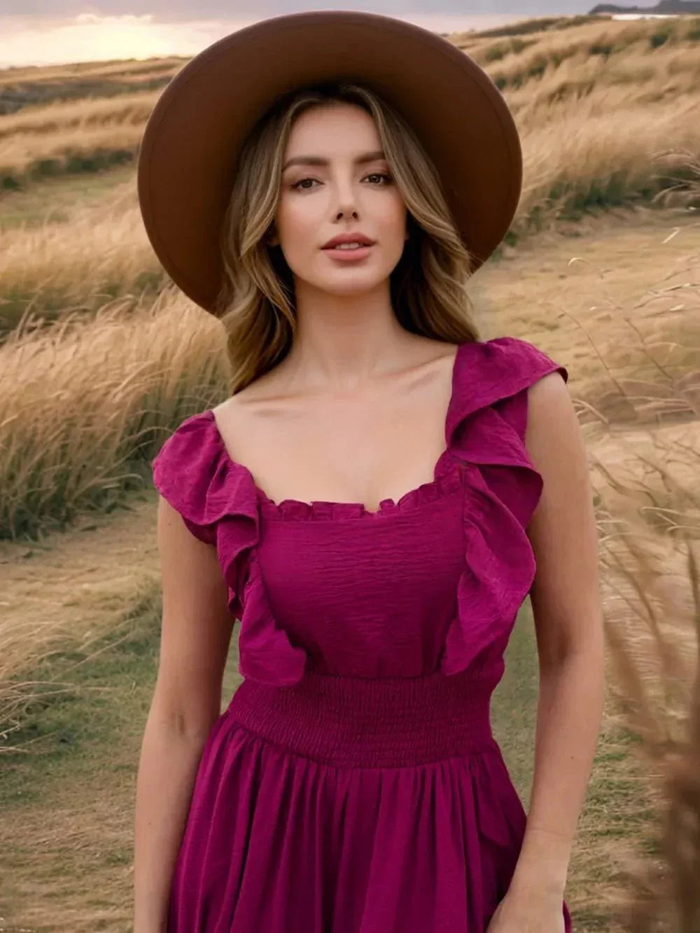 Ruffled Smocked Square Neck Maxi Dress - VILLA FASHION