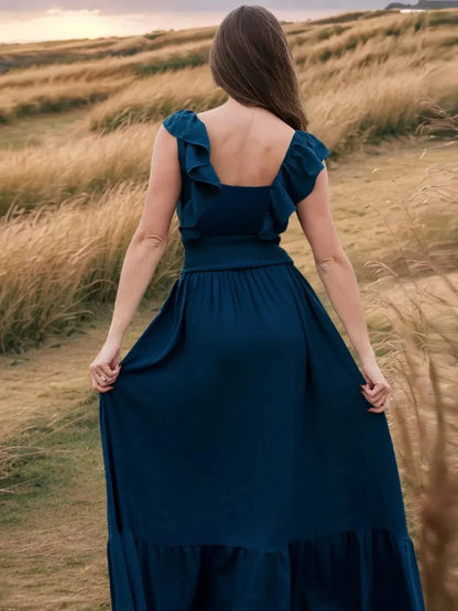 Ruffled Smocked Square Neck Maxi Dress - VILLA FASHION