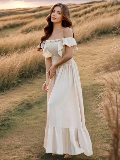 Ruffled Smocked Square Neck Maxi Dress - VILLA FASHION