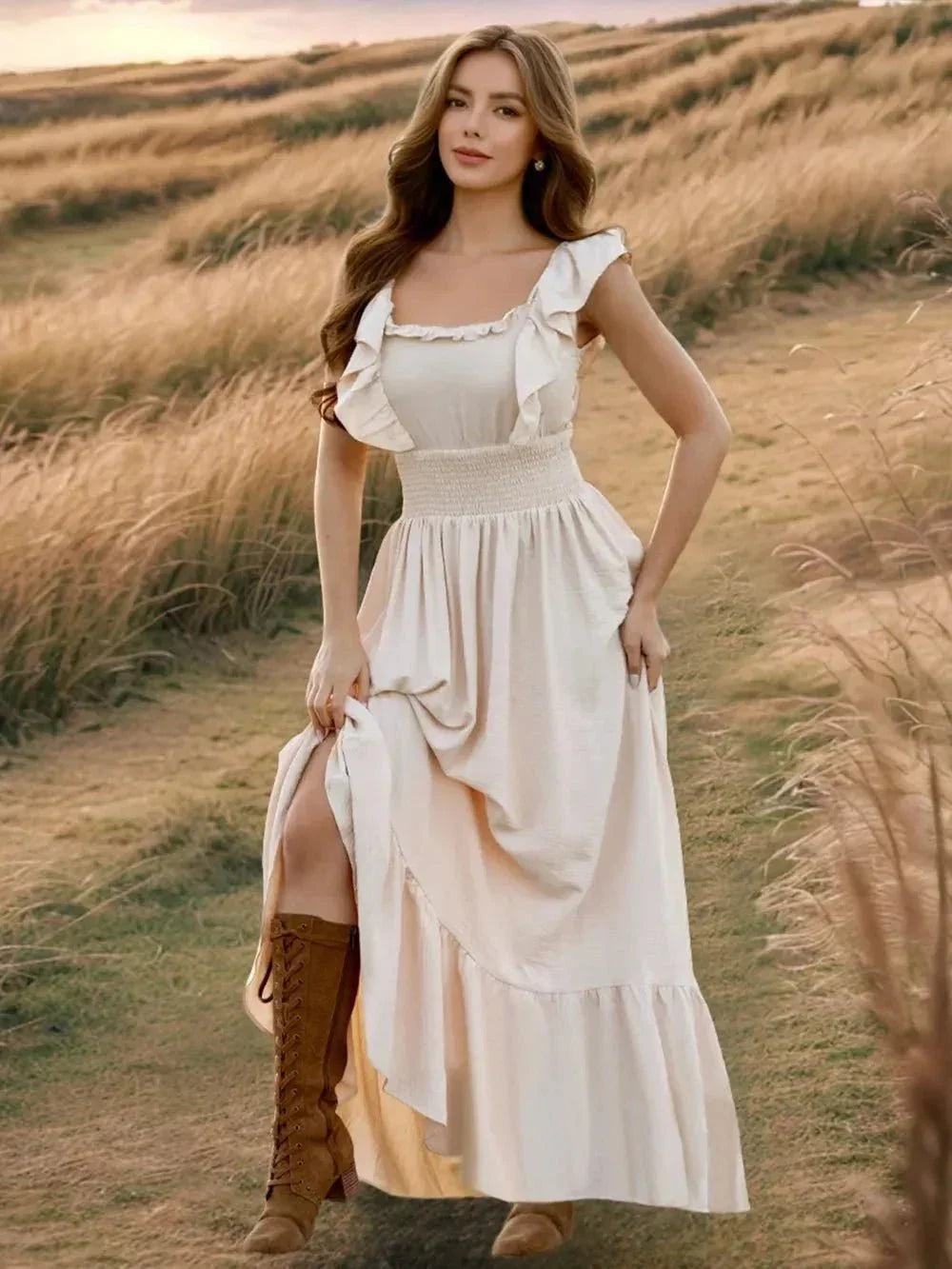 Ruffled Smocked Square Neck Maxi Dress - VILLA FASHION