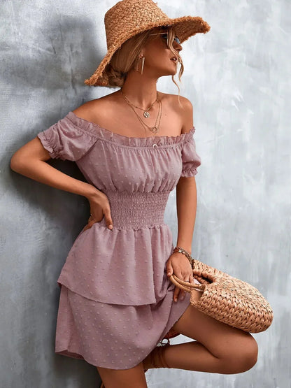 Ruffled Swiss Dot Off - Shoulder Dress - VILLA FASHION