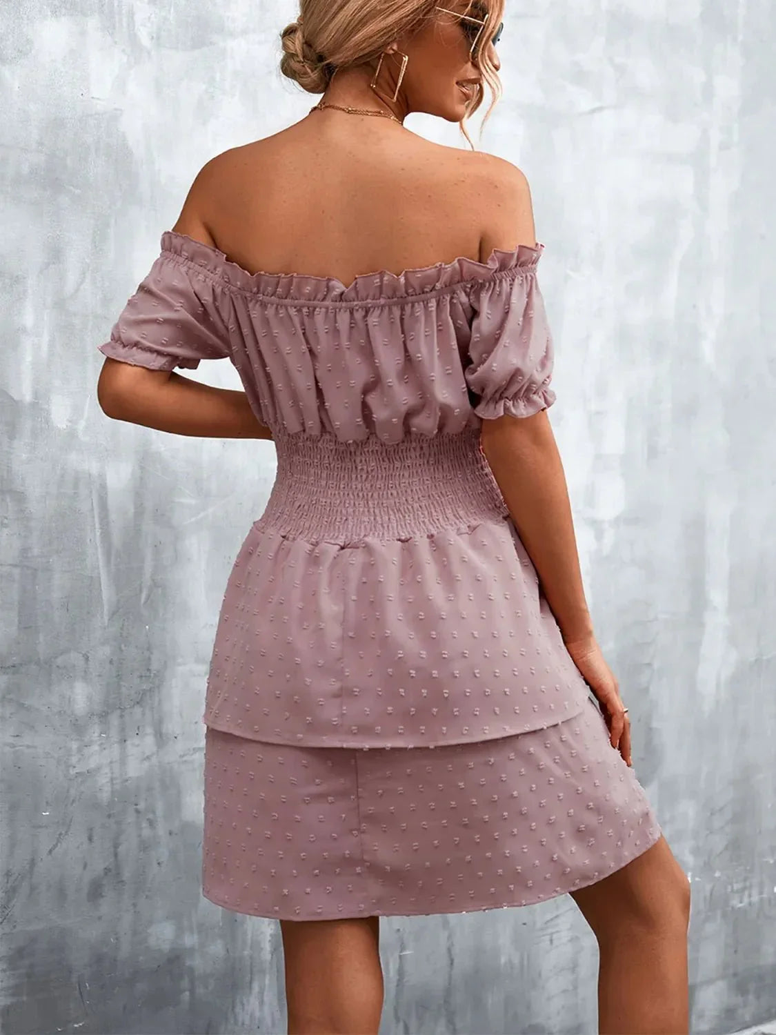 Ruffled Swiss Dot Off - Shoulder Dress - VILLA FASHION