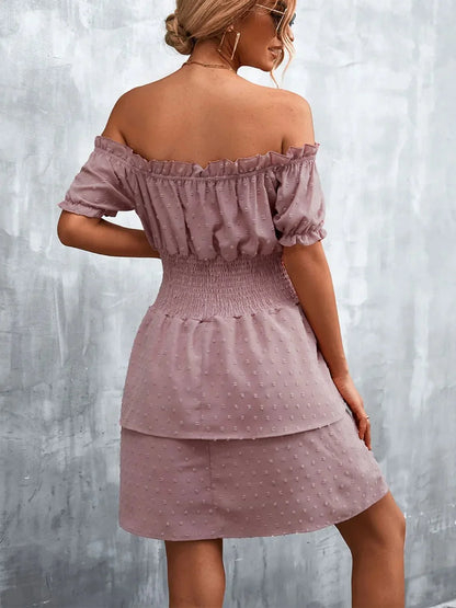 Ruffled Swiss Dot Off - Shoulder Dress - VILLA FASHION